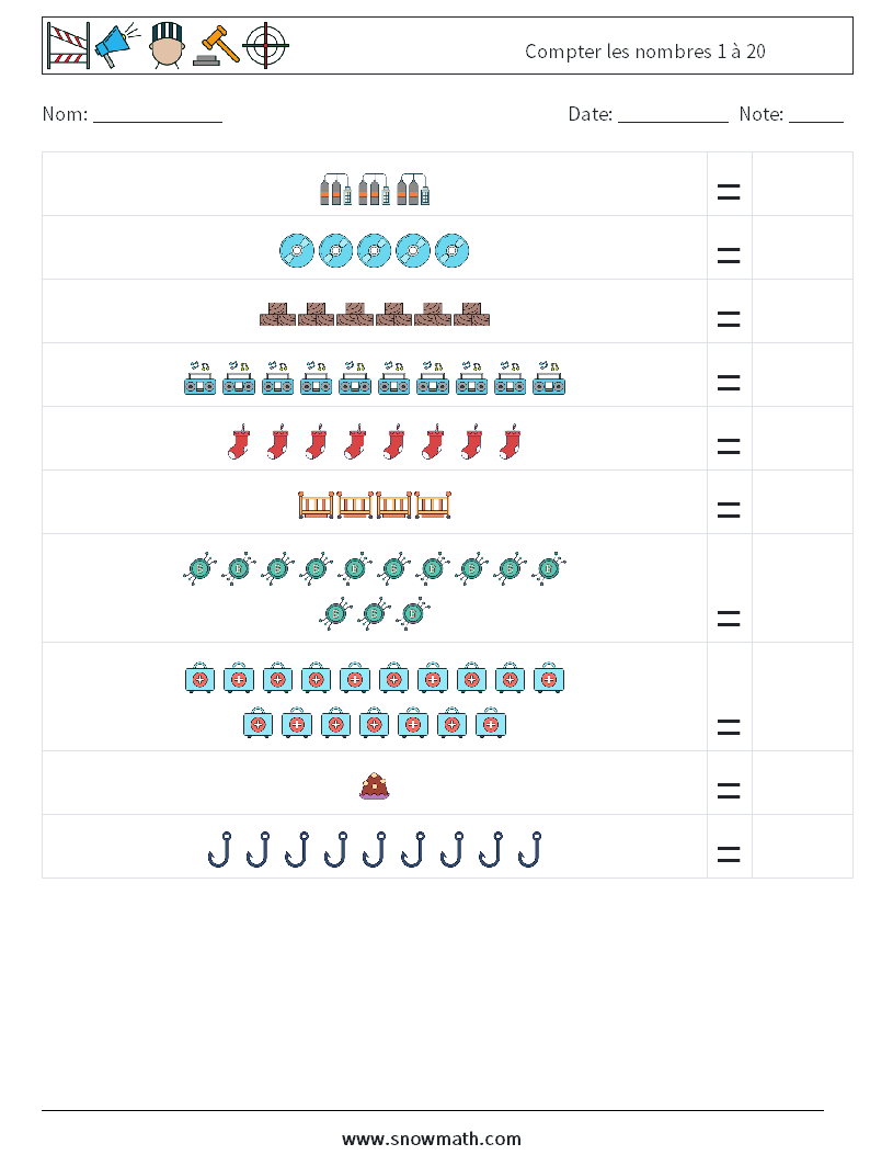 Compter les nombres 1 à 20 Fiches d'Exercices de Mathématiques 16