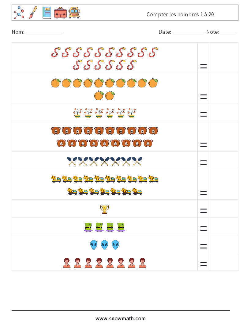 Compter les nombres 1 à 20 Fiches d'Exercices de Mathématiques 17