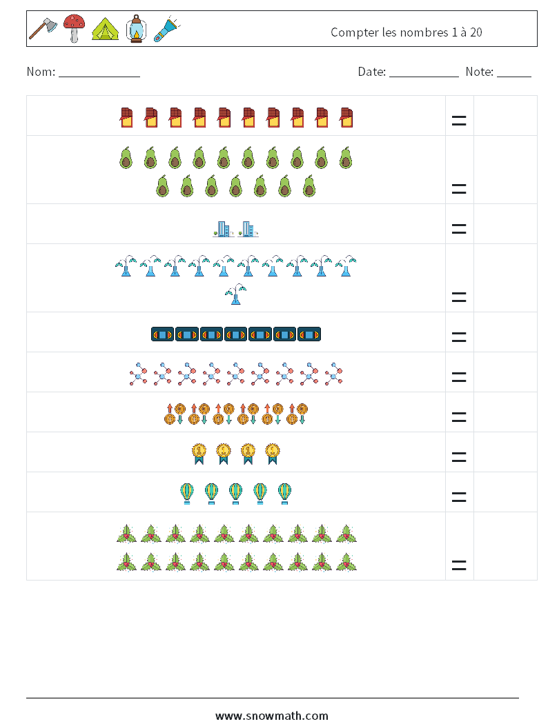 Compter les nombres 1 à 20 Fiches d'Exercices de Mathématiques 18