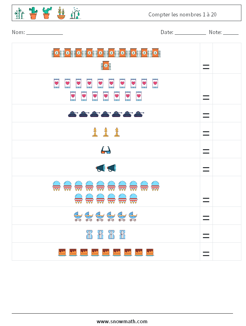 Compter les nombres 1 à 20 Fiches d'Exercices de Mathématiques 2