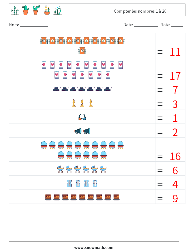 Compter les nombres 1 à 20 Fiches d'Exercices de Mathématiques 2 Question, Réponse