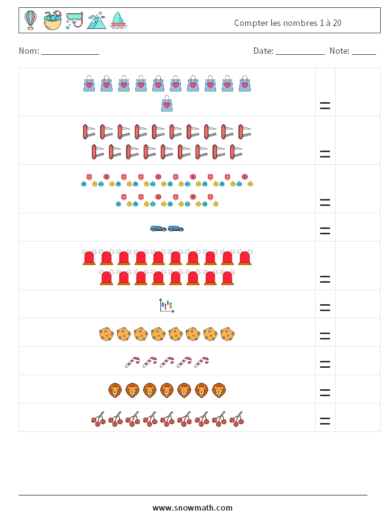 Compter les nombres 1 à 20 Fiches d'Exercices de Mathématiques 3