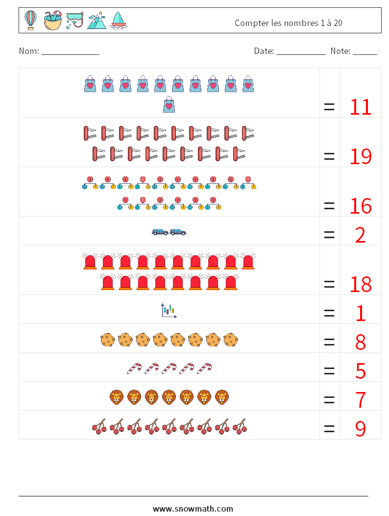 Compter les nombres 1 à 20 Fiches d'Exercices de Mathématiques 3 Question, Réponse
