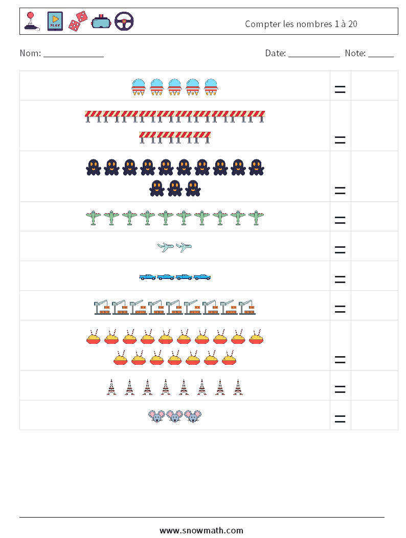 Compter les nombres 1 à 20 Fiches d'Exercices de Mathématiques 6