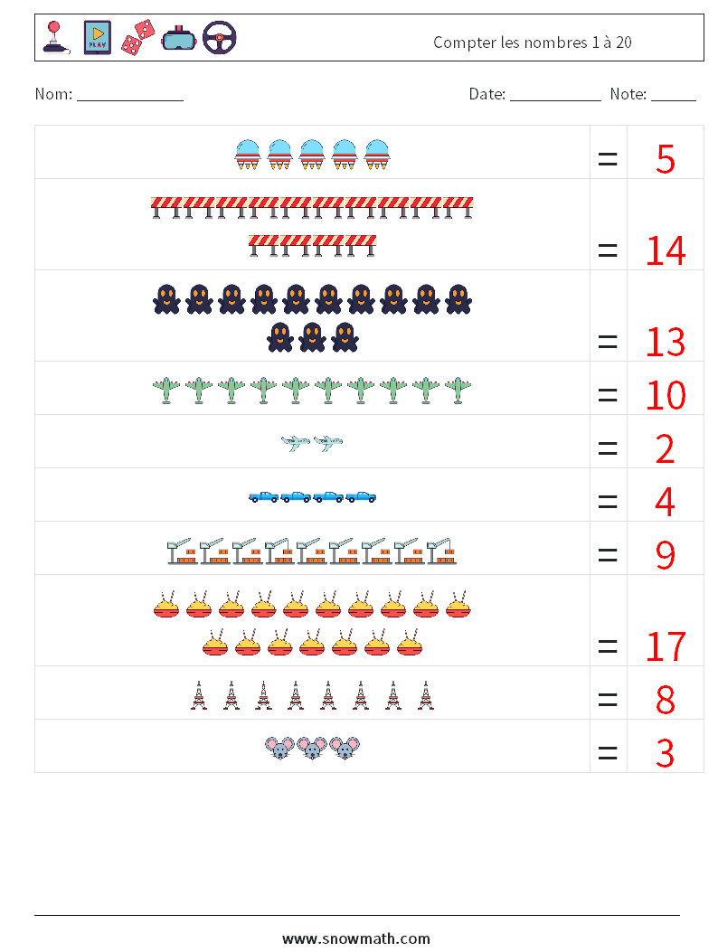 Compter les nombres 1 à 20 Fiches d'Exercices de Mathématiques 6 Question, Réponse