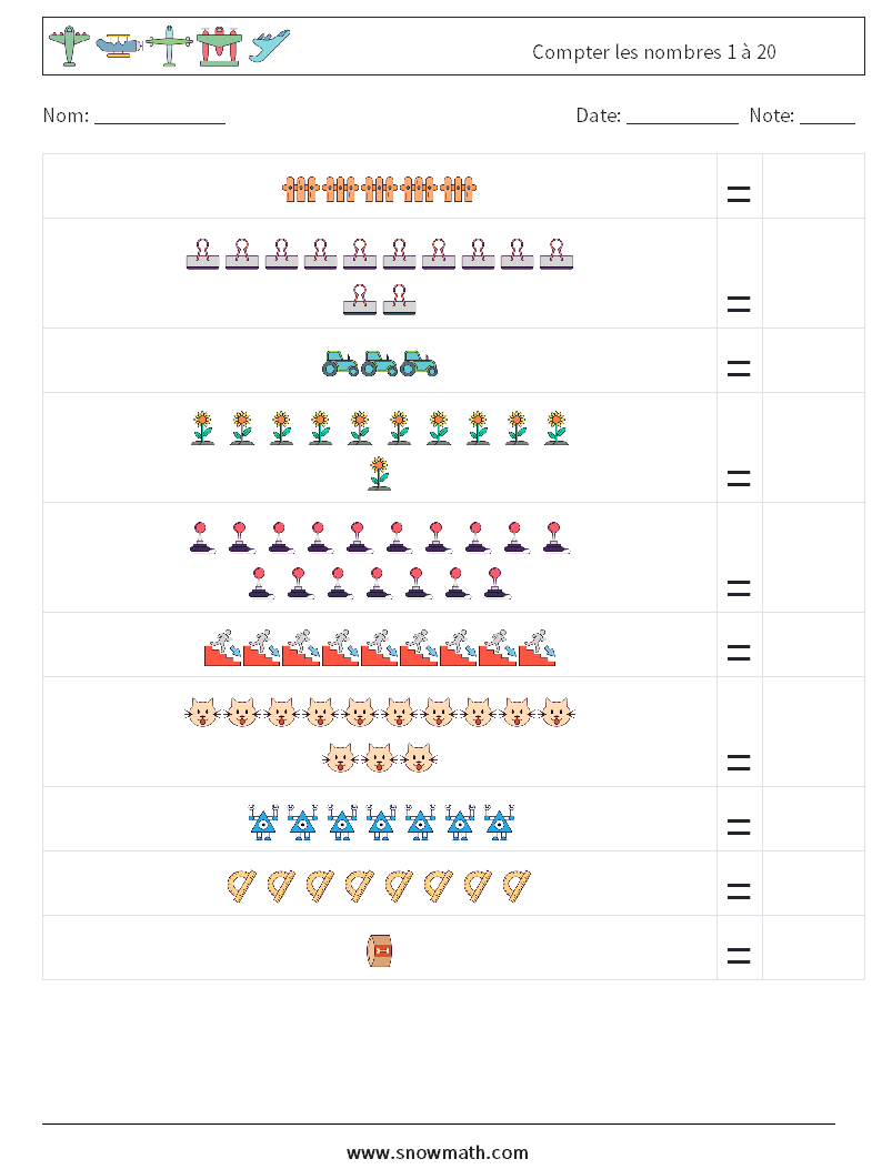 Compter les nombres 1 à 20 Fiches d'Exercices de Mathématiques 7