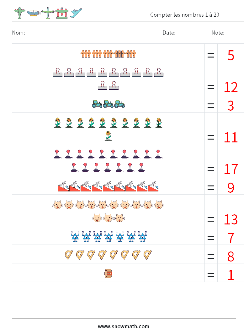 Compter les nombres 1 à 20 Fiches d'Exercices de Mathématiques 7 Question, Réponse