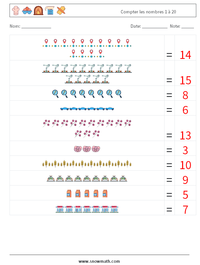 Compter les nombres 1 à 20 Fiches d'Exercices de Mathématiques 8 Question, Réponse