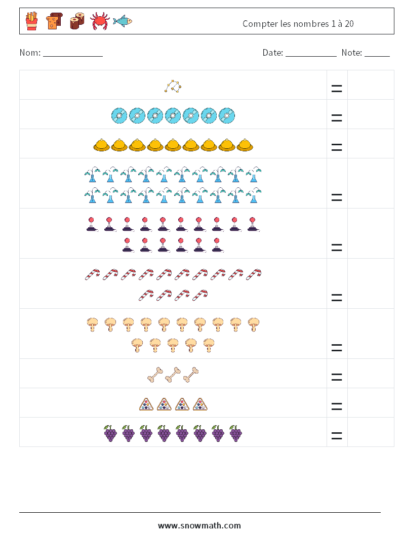 Compter les nombres 1 à 20 Fiches d'Exercices de Mathématiques 9