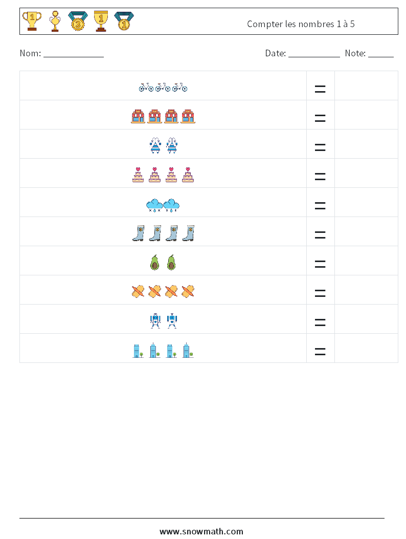 Compter les nombres 1 à 5 Fiches d'Exercices de Mathématiques 1