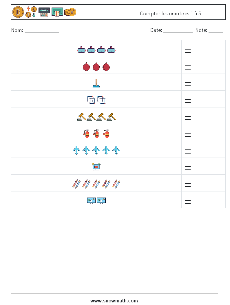 Compter les nombres 1 à 5 Fiches d'Exercices de Mathématiques 11