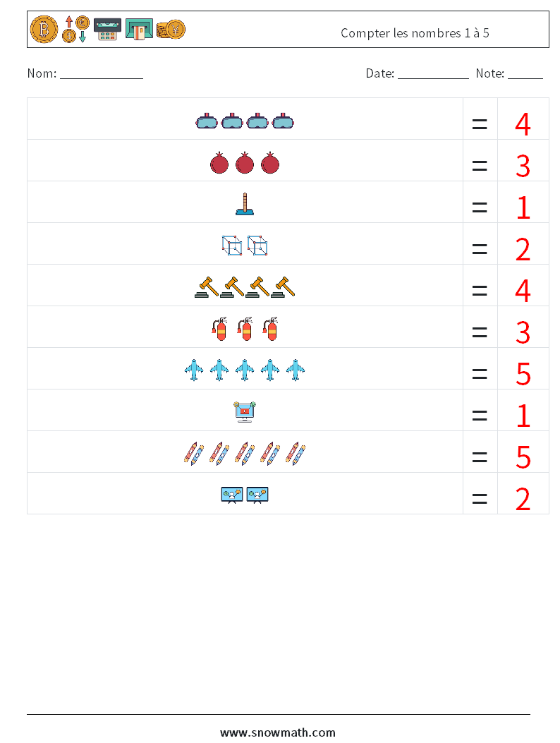 Compter les nombres 1 à 5 Fiches d'Exercices de Mathématiques 11 Question, Réponse