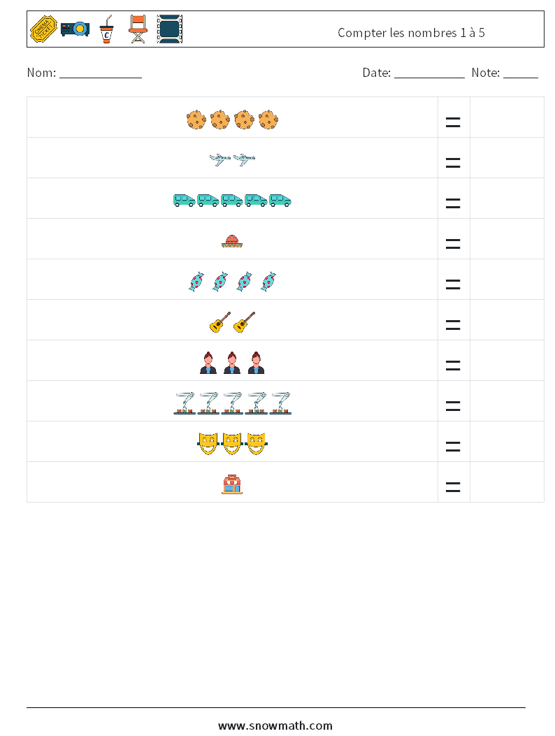 Compter les nombres 1 à 5 Fiches d'Exercices de Mathématiques 12