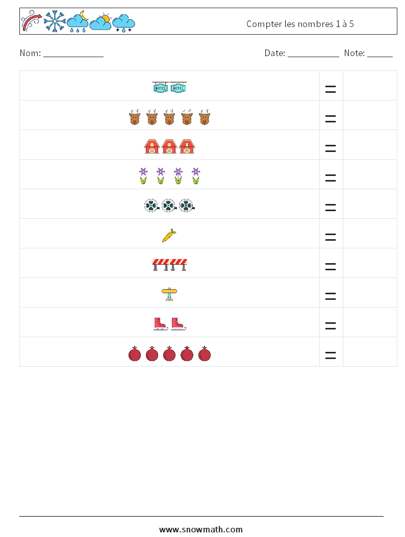 Compter les nombres 1 à 5 Fiches d'Exercices de Mathématiques 13