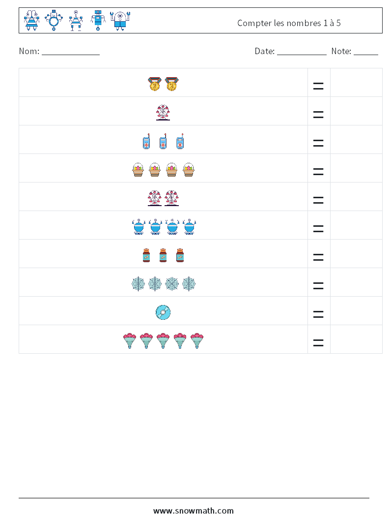 Compter les nombres 1 à 5 Fiches d'Exercices de Mathématiques 14