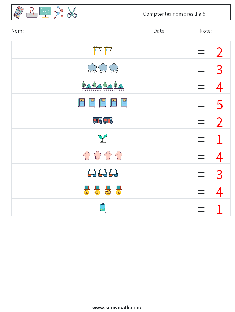 Compter les nombres 1 à 5 Fiches d'Exercices de Mathématiques 16 Question, Réponse