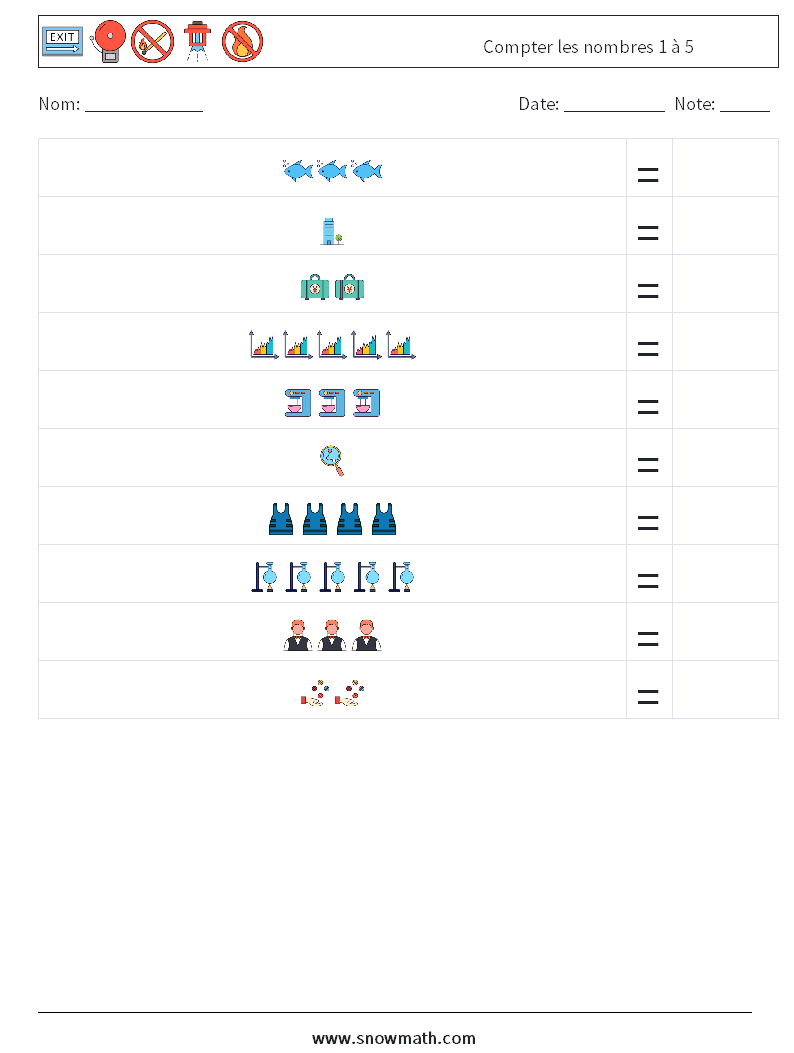 Compter les nombres 1 à 5 Fiches d'Exercices de Mathématiques 17