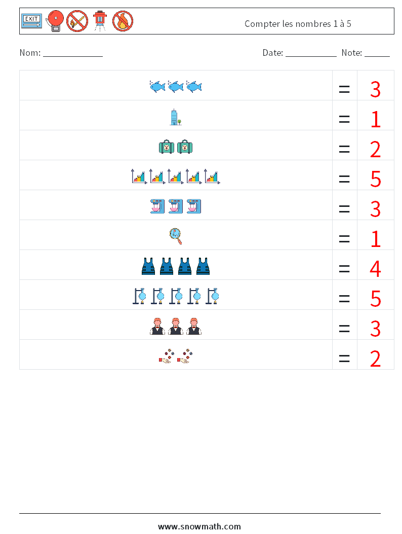 Compter les nombres 1 à 5 Fiches d'Exercices de Mathématiques 17 Question, Réponse