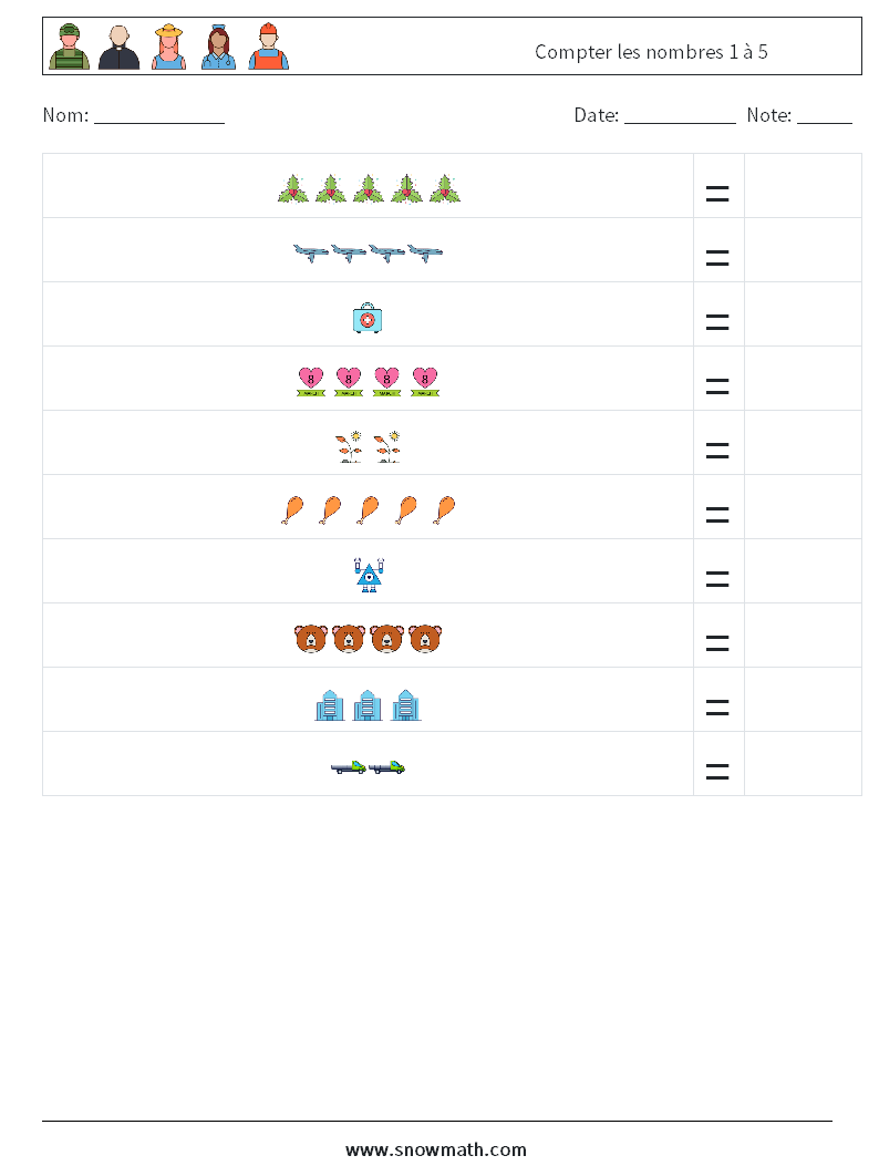 Compter les nombres 1 à 5 Fiches d'Exercices de Mathématiques 18