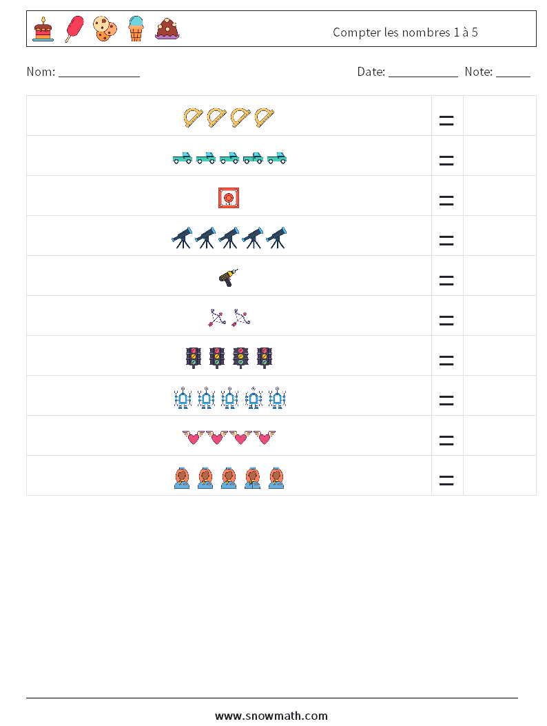 Compter les nombres 1 à 5 Fiches d'Exercices de Mathématiques 2