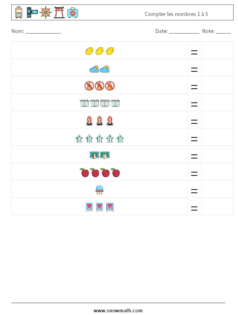 Compter les nombres 1 à 5 Fiches d'Exercices de Mathématiques 4