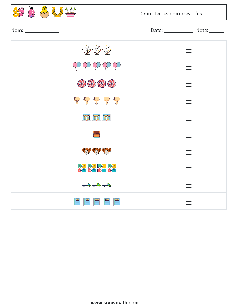 Compter les nombres 1 à 5 Fiches d'Exercices de Mathématiques 5
