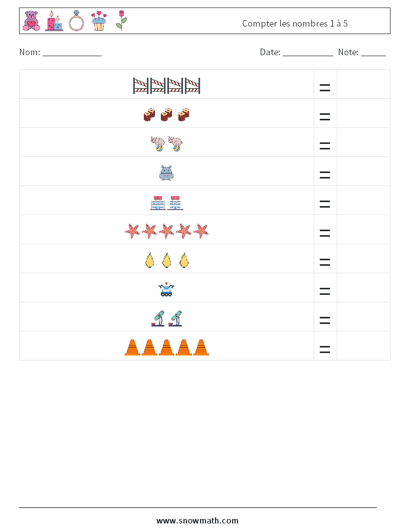 Compter les nombres 1 à 5 Fiches d'Exercices de Mathématiques 6