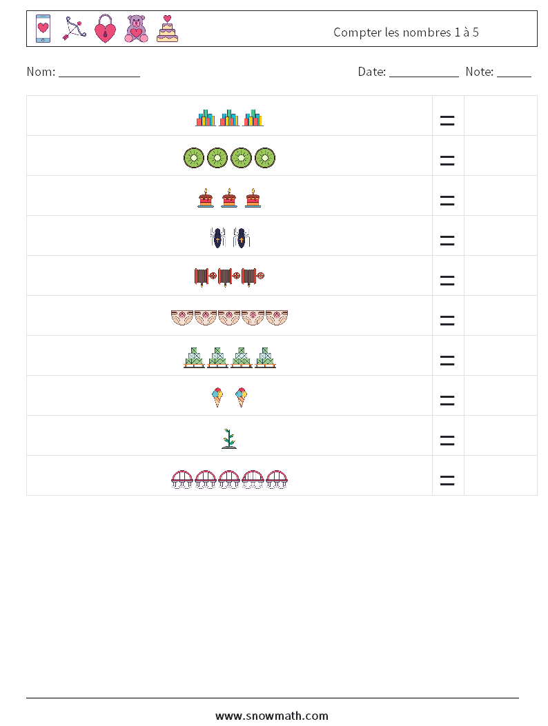 Compter les nombres 1 à 5 Fiches d'Exercices de Mathématiques 8