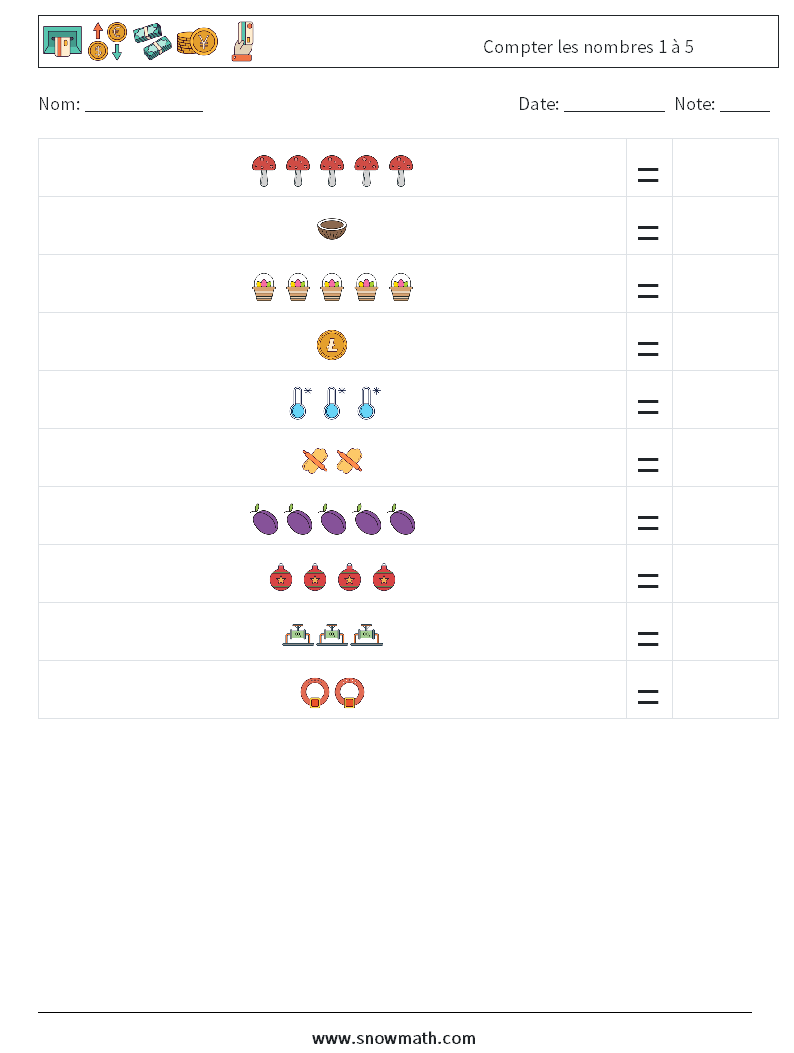 Compter les nombres 1 à 5 Fiches d'Exercices de Mathématiques 9