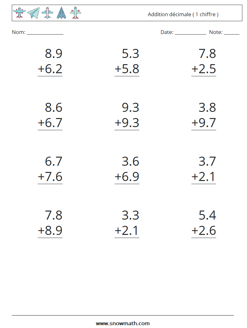 (12) Addition décimale ( 1 chiffre ) Fiches d'Exercices de Mathématiques 1