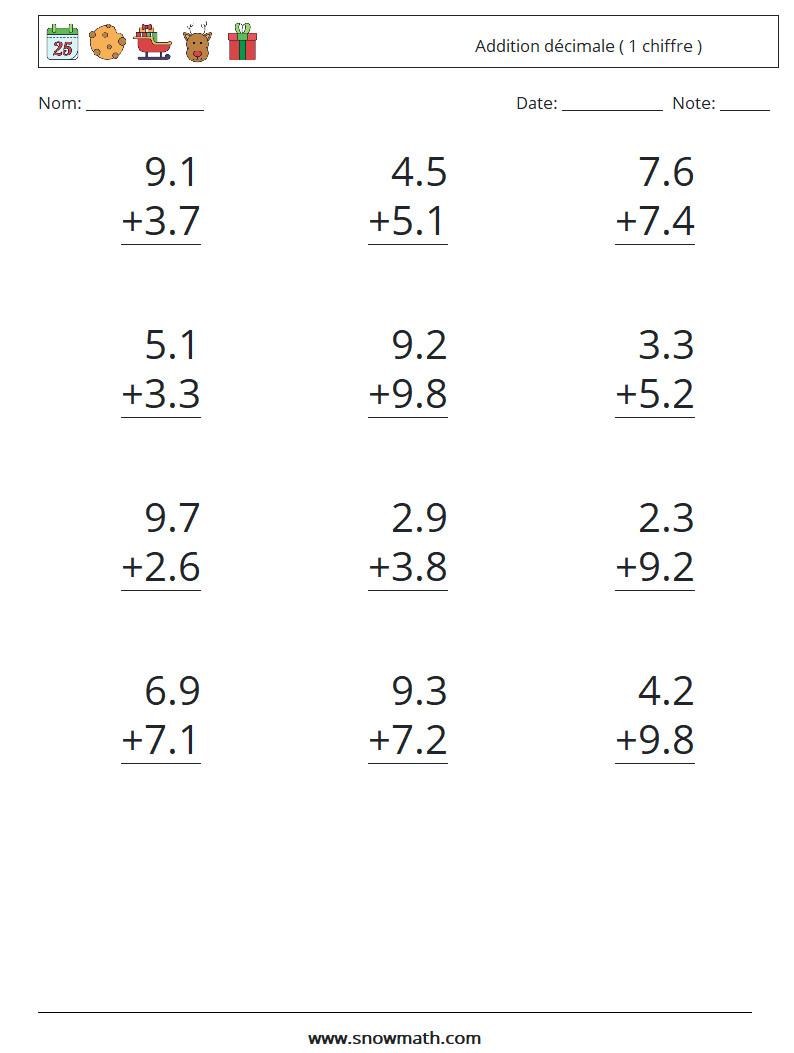 (12) Addition décimale ( 1 chiffre ) Fiches d'Exercices de Mathématiques 10