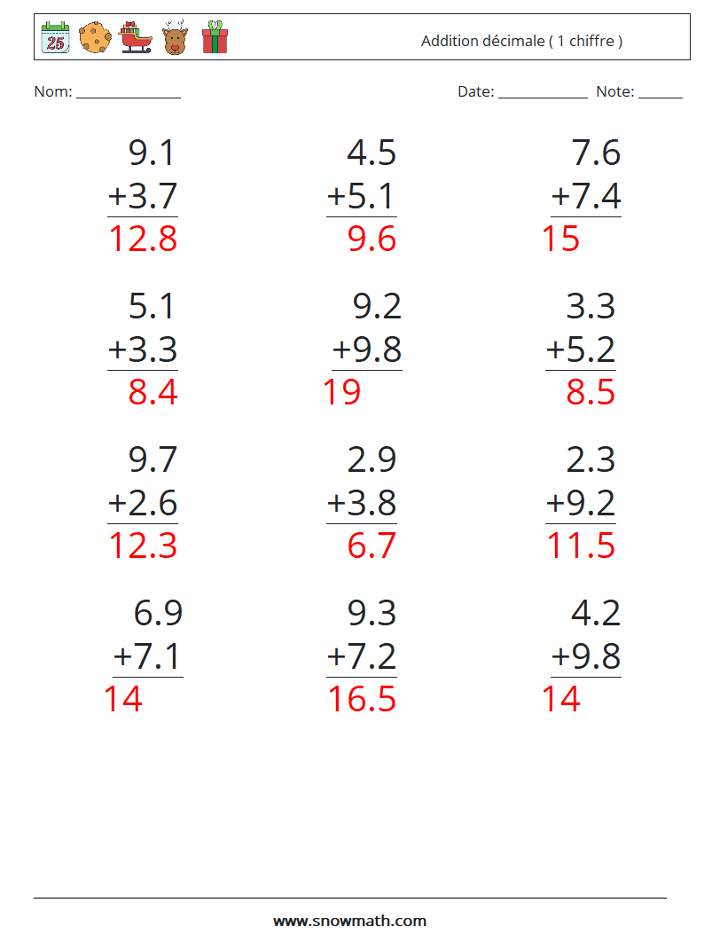 (12) Addition décimale ( 1 chiffre ) Fiches d'Exercices de Mathématiques 10 Question, Réponse