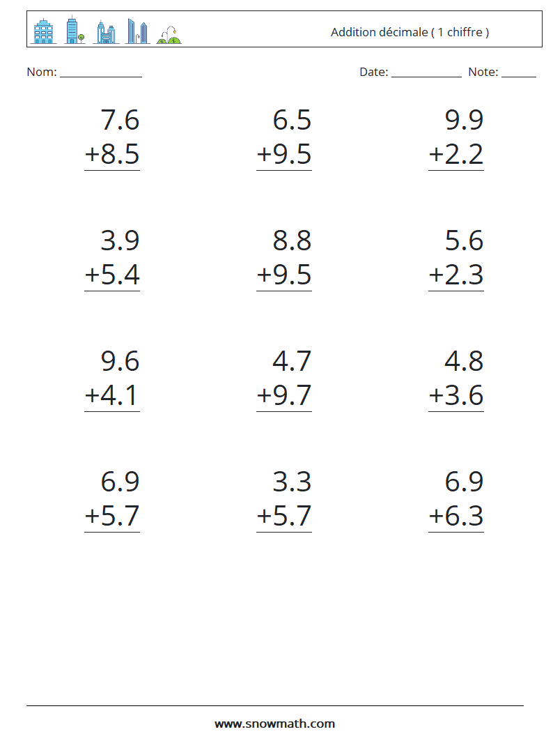 (12) Addition décimale ( 1 chiffre ) Fiches d'Exercices de Mathématiques 11