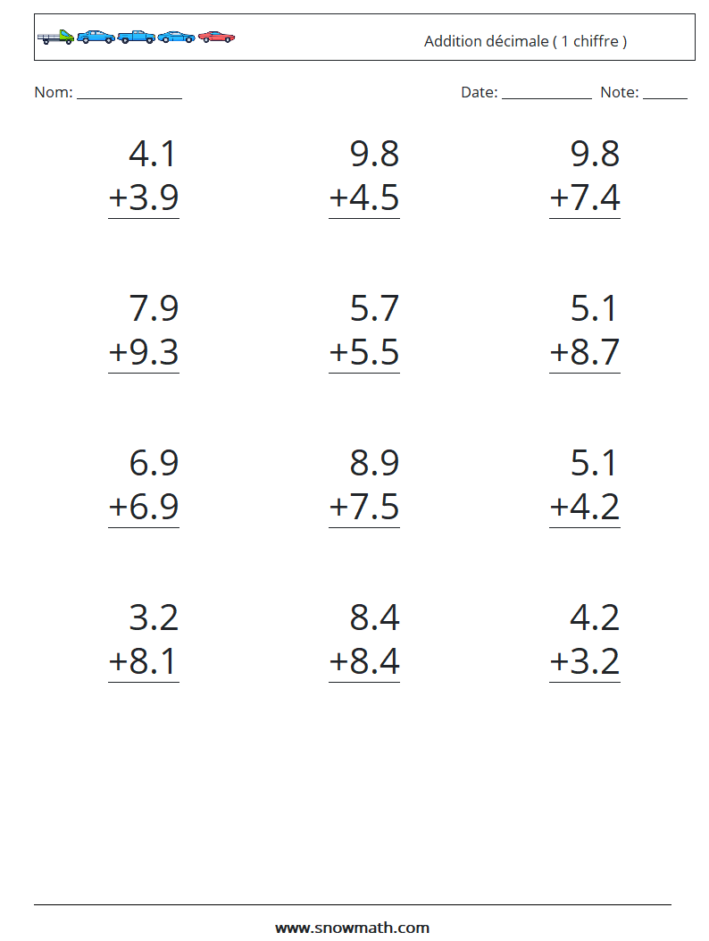 (12) Addition décimale ( 1 chiffre ) Fiches d'Exercices de Mathématiques 12