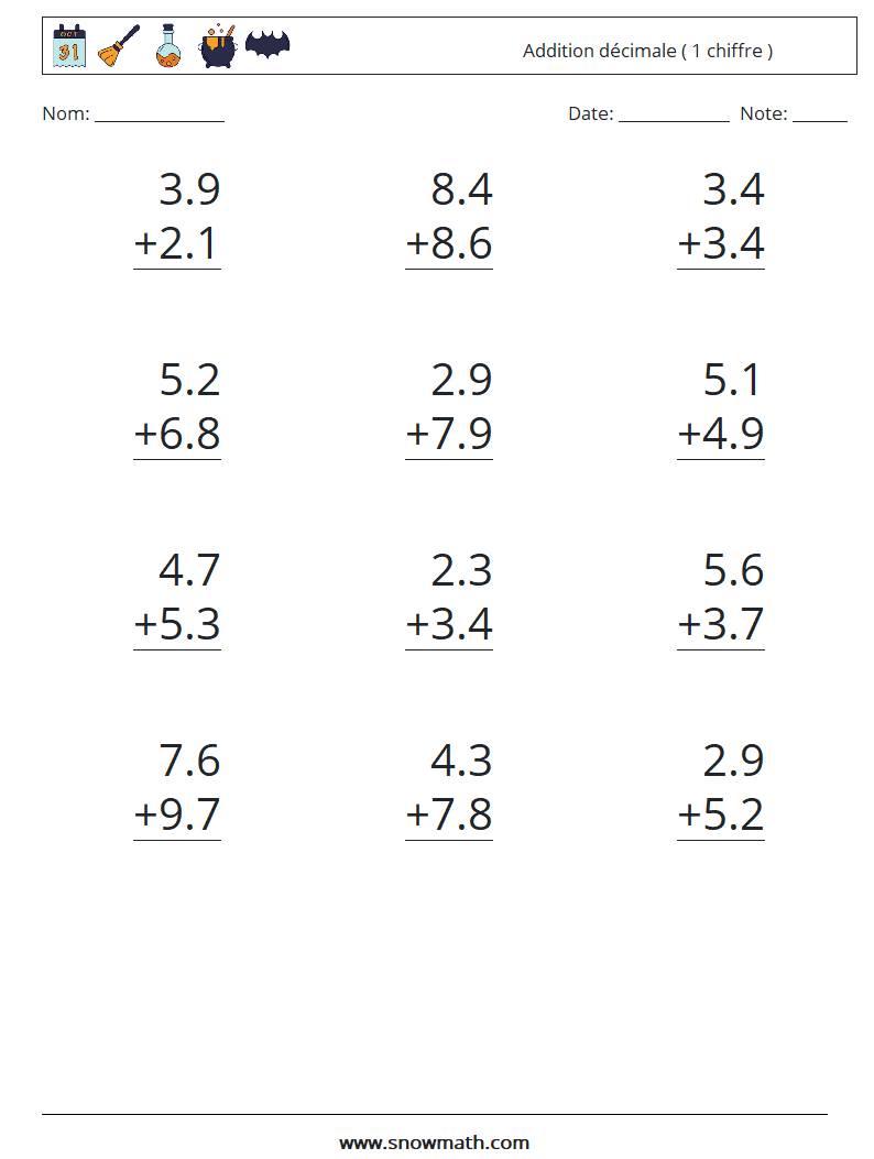 (12) Addition décimale ( 1 chiffre ) Fiches d'Exercices de Mathématiques 13