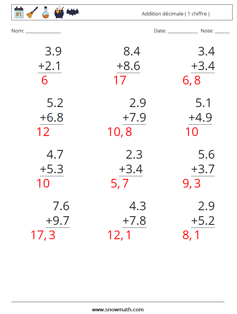 (12) Addition décimale ( 1 chiffre ) Fiches d'Exercices de Mathématiques 13 Question, Réponse