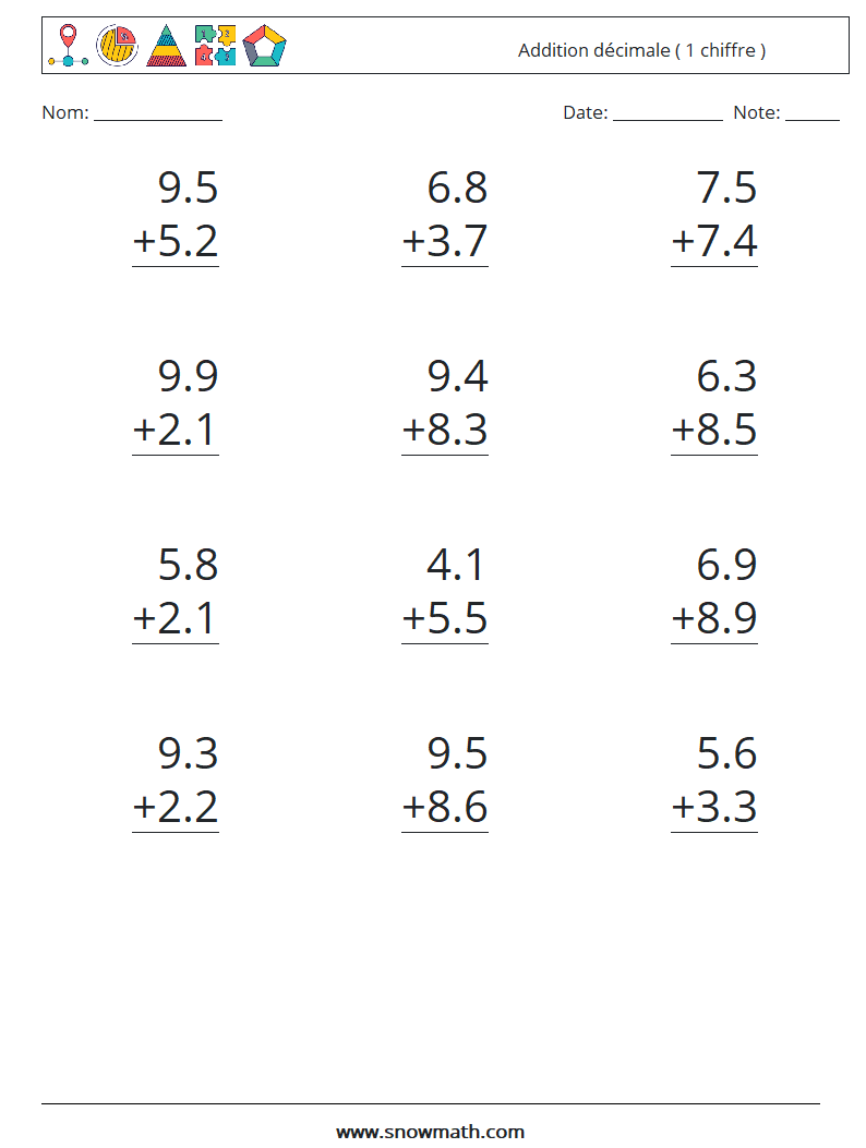 (12) Addition décimale ( 1 chiffre ) Fiches d'Exercices de Mathématiques 14