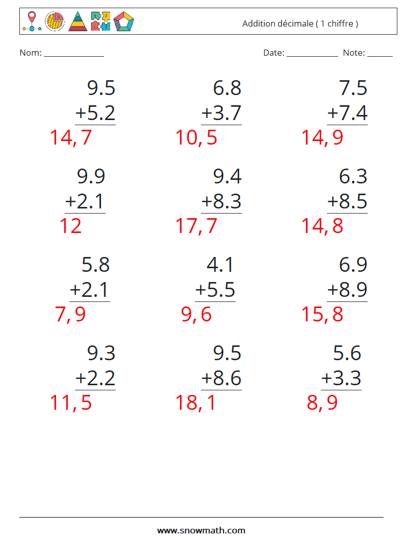 (12) Addition décimale ( 1 chiffre ) Fiches d'Exercices de Mathématiques 14 Question, Réponse