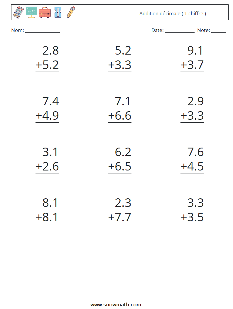 (12) Addition décimale ( 1 chiffre ) Fiches d'Exercices de Mathématiques 16