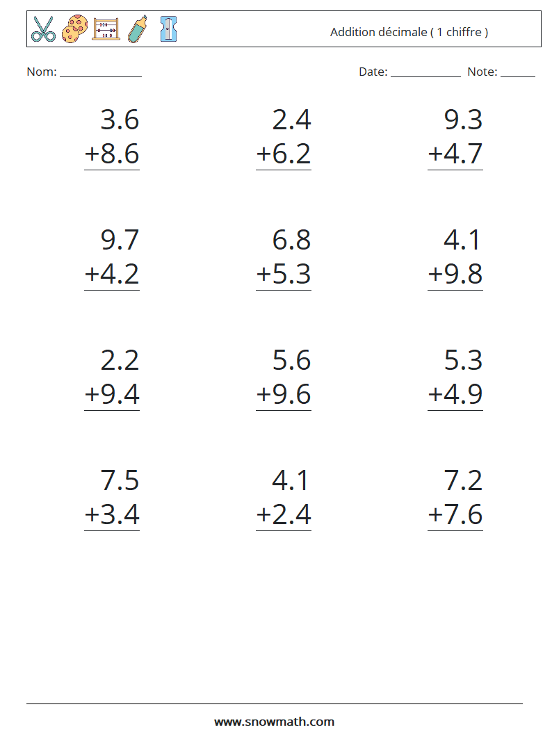 (12) Addition décimale ( 1 chiffre ) Fiches d'Exercices de Mathématiques 18