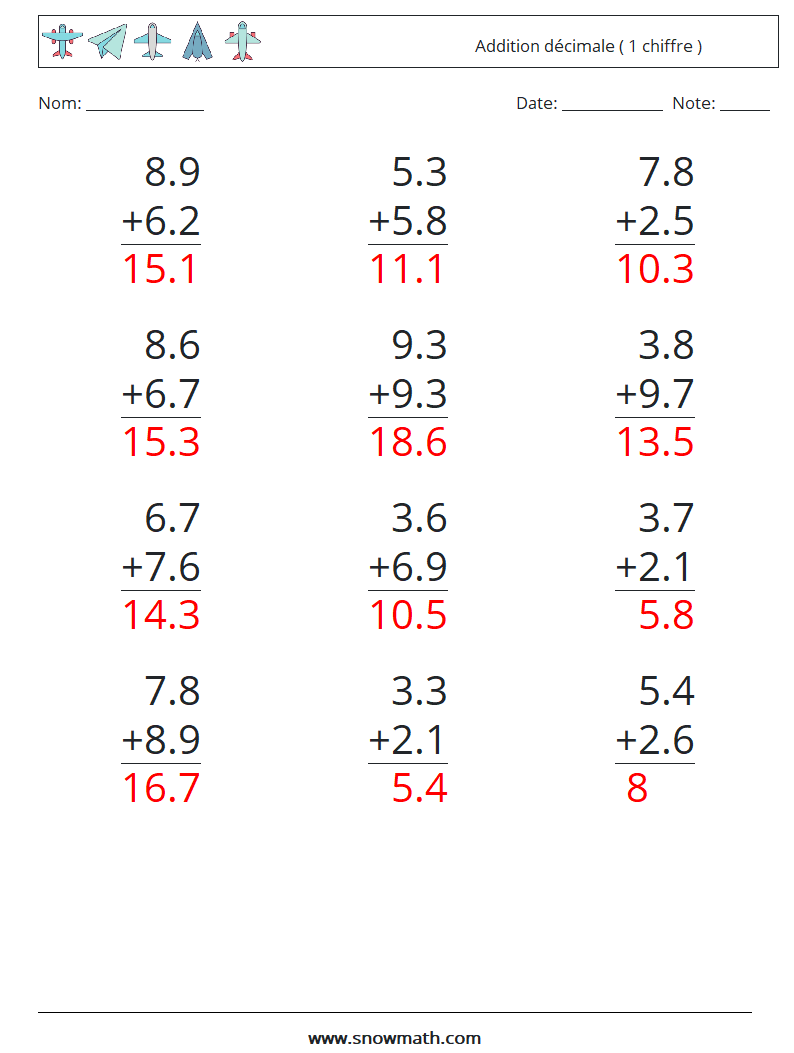 (12) Addition décimale ( 1 chiffre ) Fiches d'Exercices de Mathématiques 1 Question, Réponse