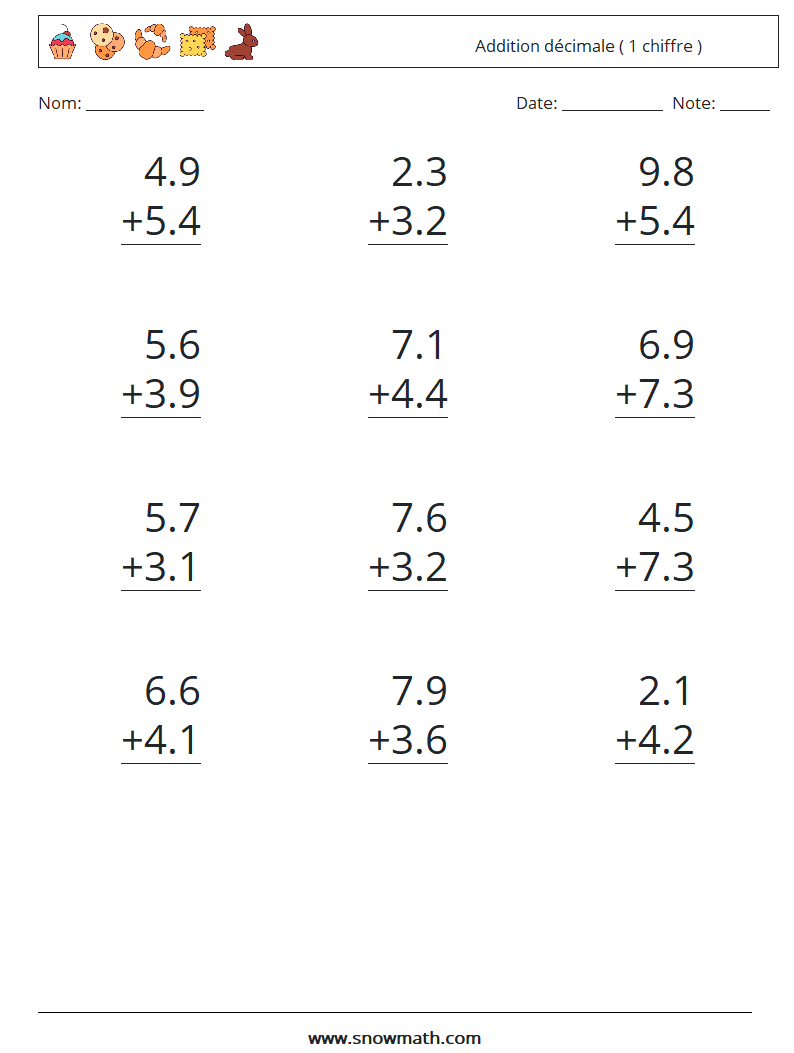 (12) Addition décimale ( 1 chiffre ) Fiches d'Exercices de Mathématiques 2