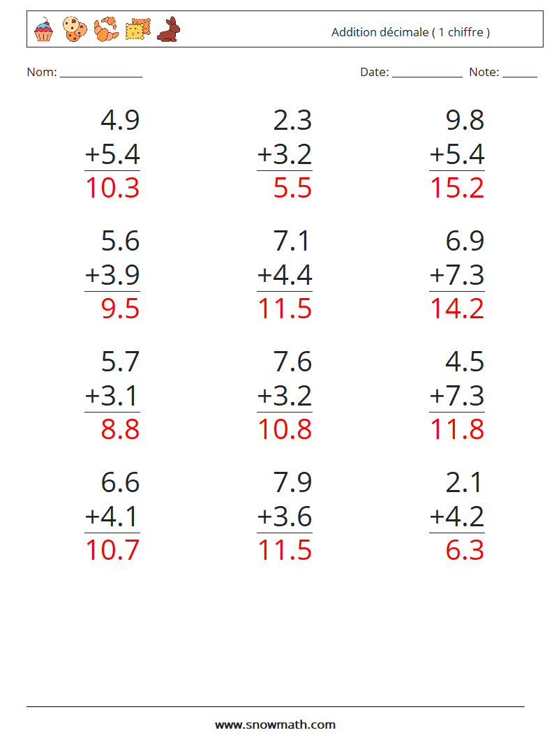 (12) Addition décimale ( 1 chiffre ) Fiches d'Exercices de Mathématiques 2 Question, Réponse