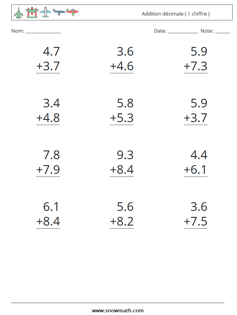 (12) Addition décimale ( 1 chiffre ) Fiches d'Exercices de Mathématiques 3