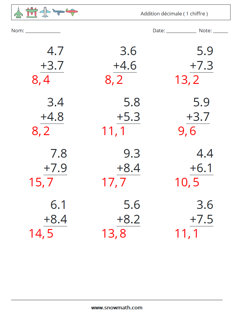 (12) Addition décimale ( 1 chiffre ) Fiches d'Exercices de Mathématiques 3 Question, Réponse