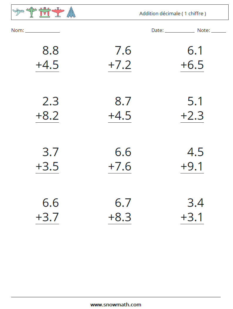 (12) Addition décimale ( 1 chiffre ) Fiches d'Exercices de Mathématiques 4