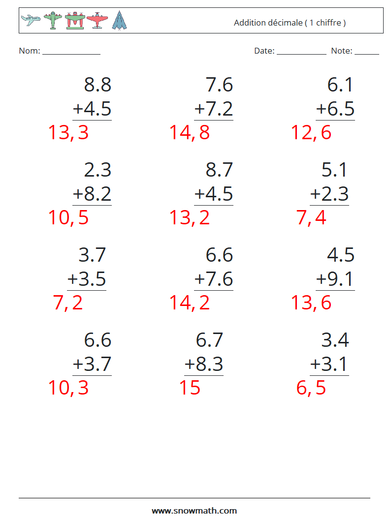 (12) Addition décimale ( 1 chiffre ) Fiches d'Exercices de Mathématiques 4 Question, Réponse