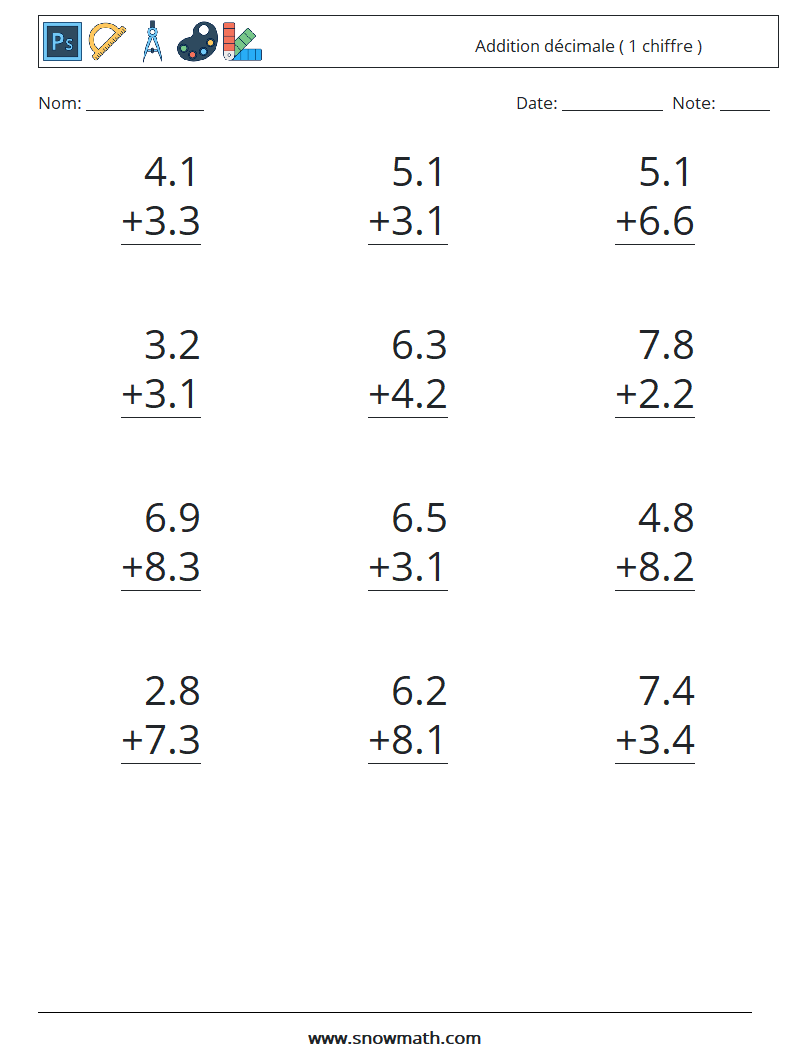 (12) Addition décimale ( 1 chiffre ) Fiches d'Exercices de Mathématiques 5