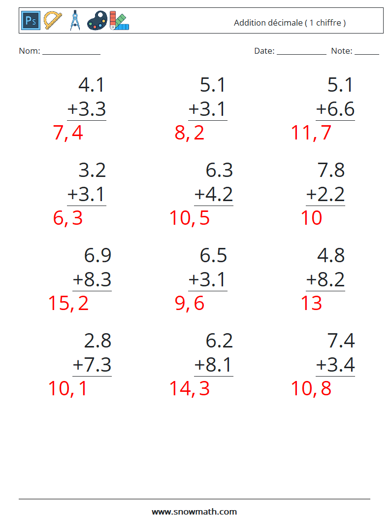 (12) Addition décimale ( 1 chiffre ) Fiches d'Exercices de Mathématiques 5 Question, Réponse