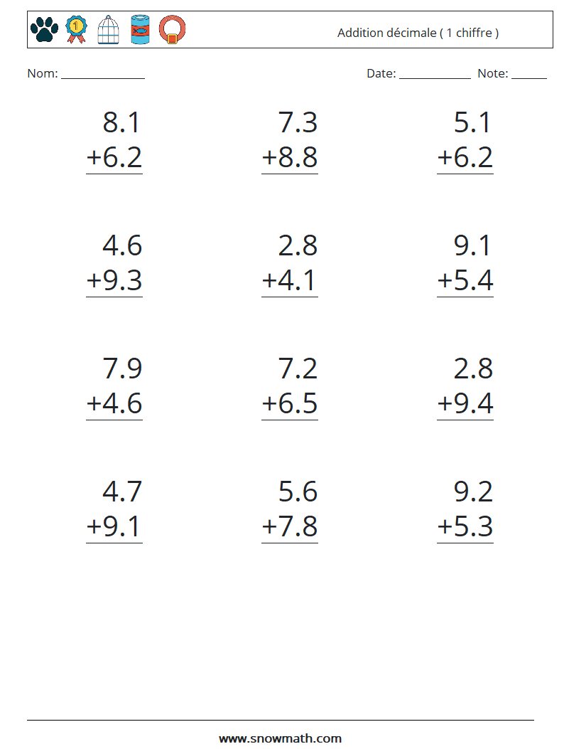 (12) Addition décimale ( 1 chiffre ) Fiches d'Exercices de Mathématiques 6